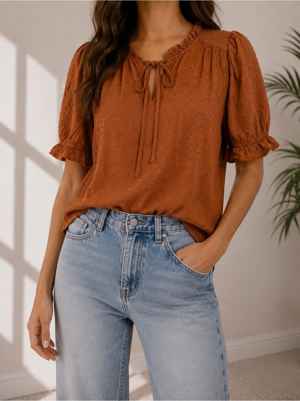 Draper James Rust Burnt Orange Ruffle Tie-Neck Top – Size Medium